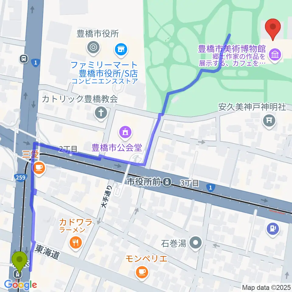 札木駅から豊橋市美術博物館へのルートマップ地図