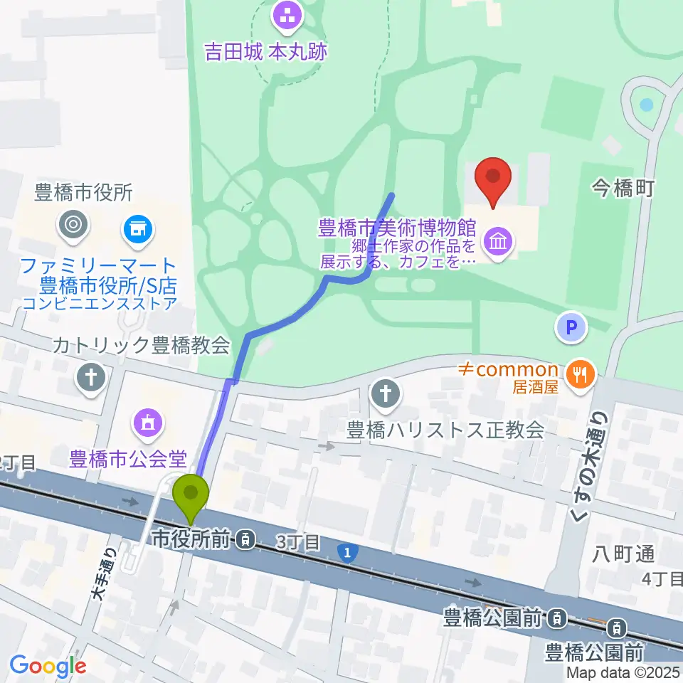 市役所前駅から豊橋市美術博物館へのルートマップ地図