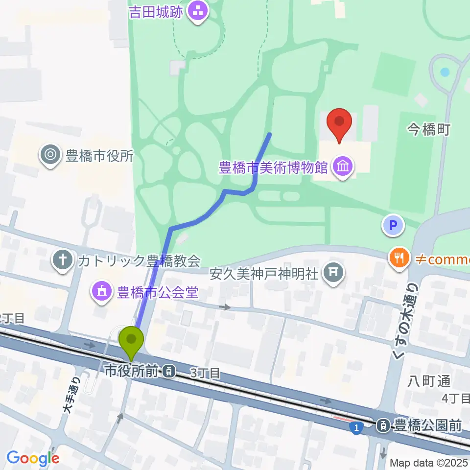 市役所前駅から豊橋市美術博物館へのルートマップ地図