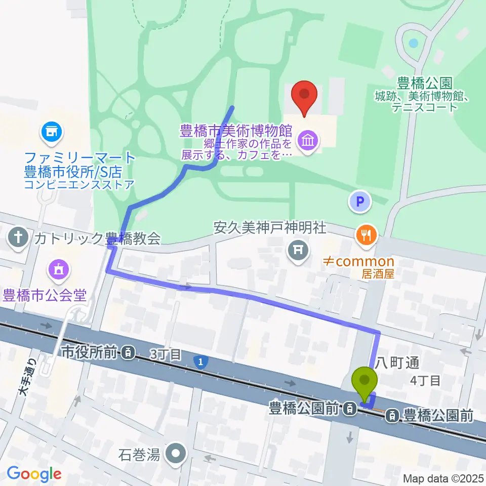 豊橋市美術博物館の最寄駅豊橋公園前駅からの徒歩ルート（約5分）地図