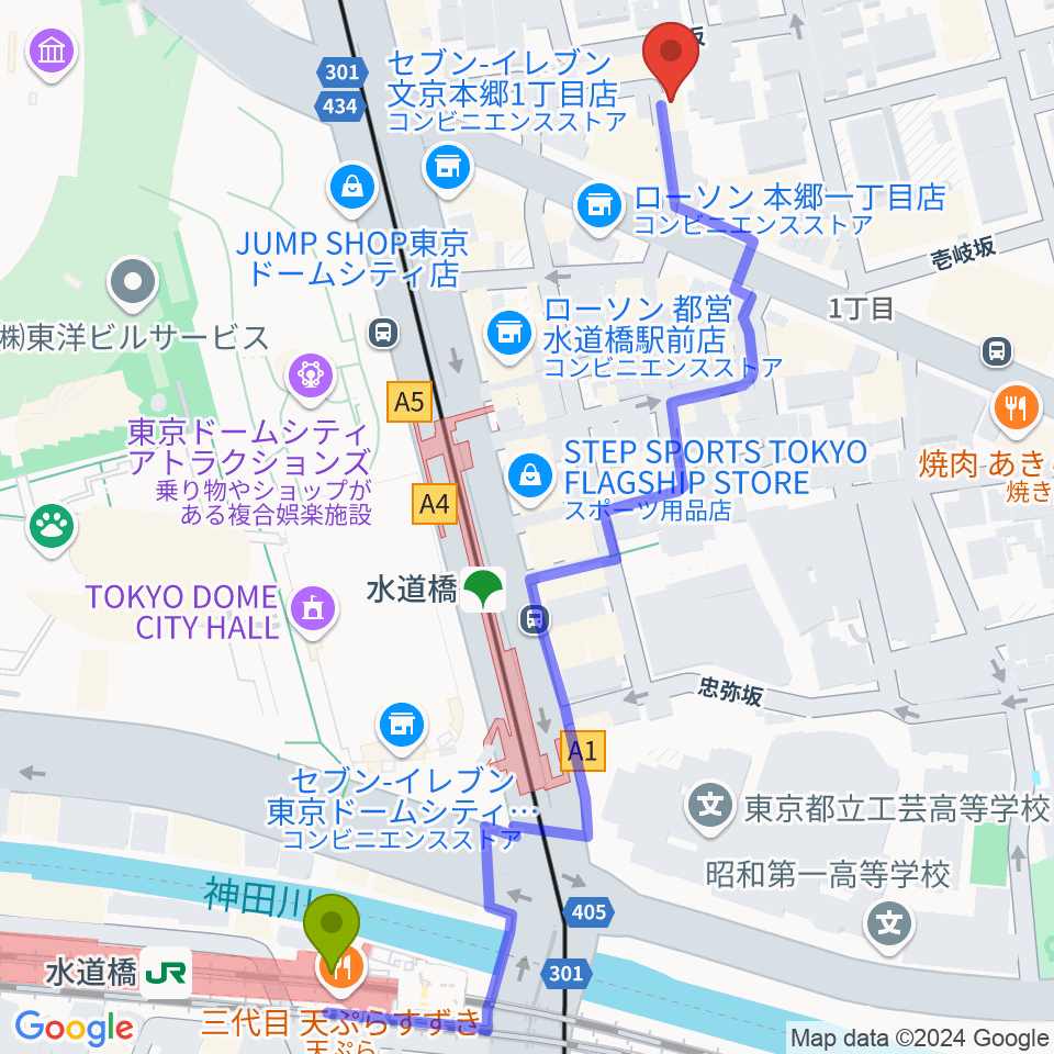 水道橋駅から壱岐坂ボンクラージュへのルートマップ地図