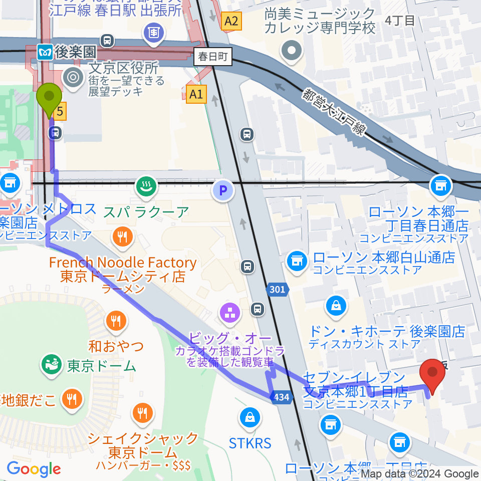 後楽園駅から壱岐坂ボンクラージュへのルートマップ地図