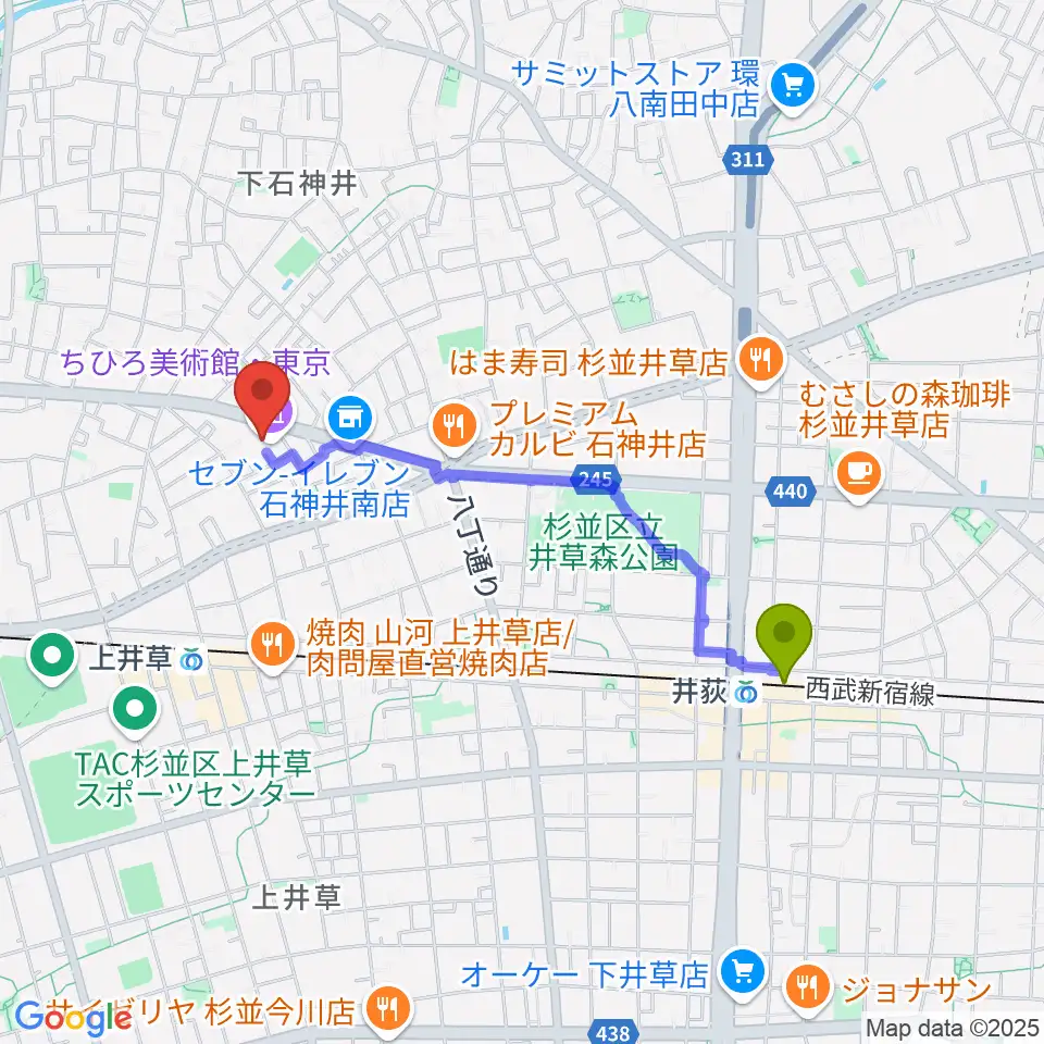 井荻駅からちひろ美術館・東京へのルートマップ地図