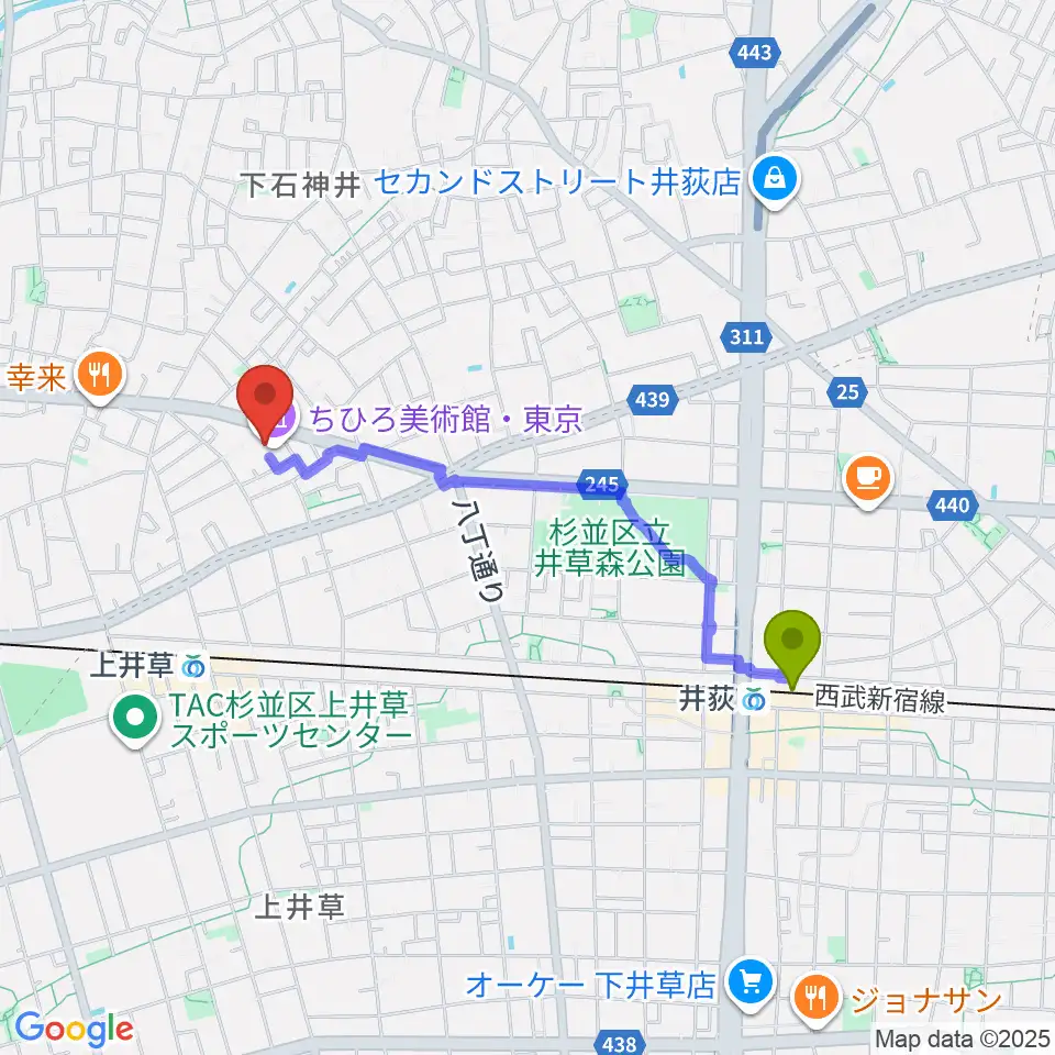 井荻駅からちひろ美術館・東京へのルートマップ地図