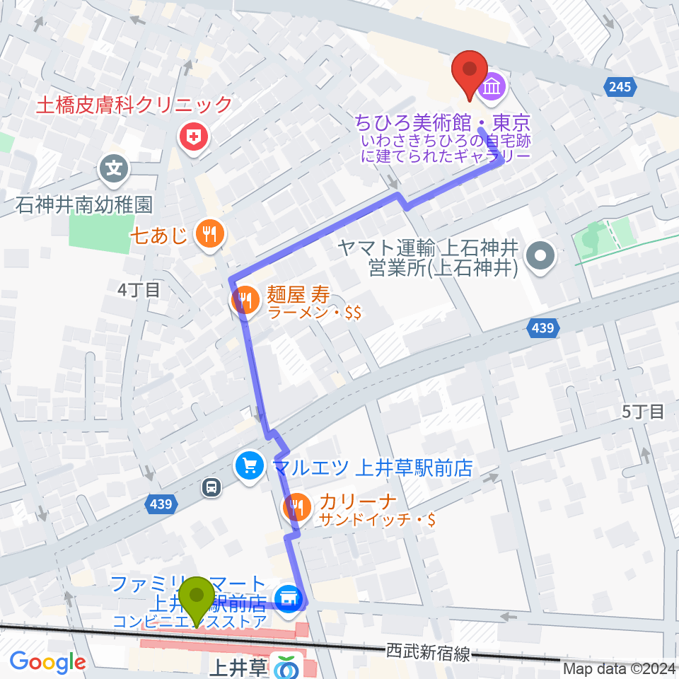 ちひろ美術館・東京の最寄駅上井草駅からの徒歩ルート（約7分）地図