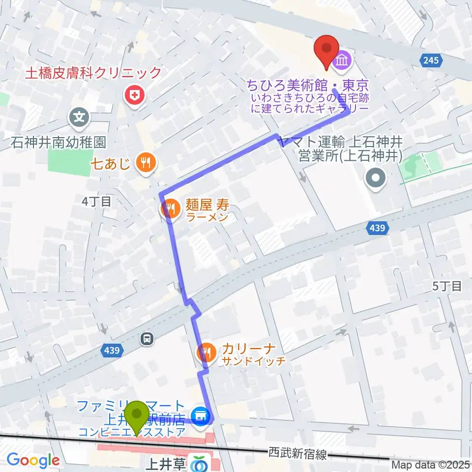 ちひろ美術館・東京の最寄駅上井草駅からの徒歩ルート（約7分）地図