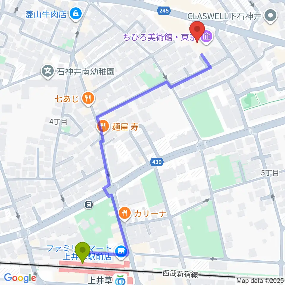 ちひろ美術館・東京の最寄駅上井草駅からの徒歩ルート（約7分）地図