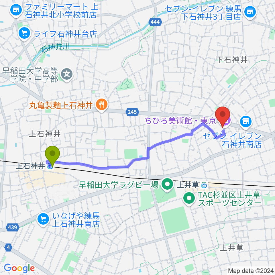 上石神井駅からちひろ美術館・東京へのルートマップ地図