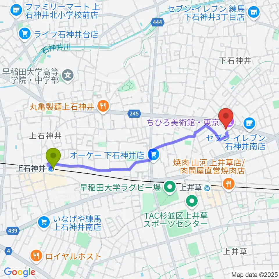 上石神井駅からちひろ美術館・東京へのルートマップ地図