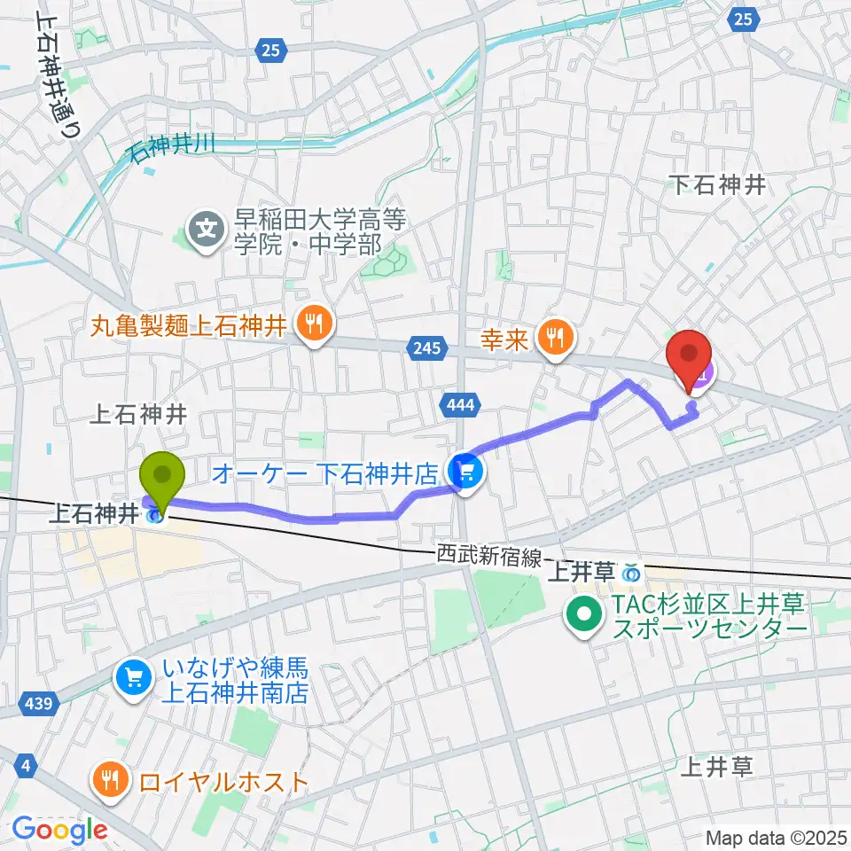 上石神井駅からちひろ美術館・東京へのルートマップ地図