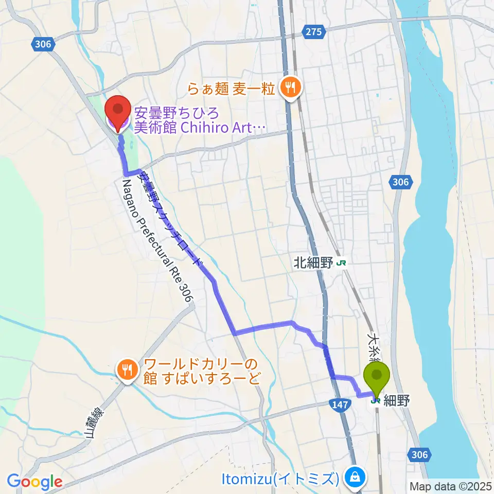 細野駅から安曇野ちひろ美術館へのルートマップ地図