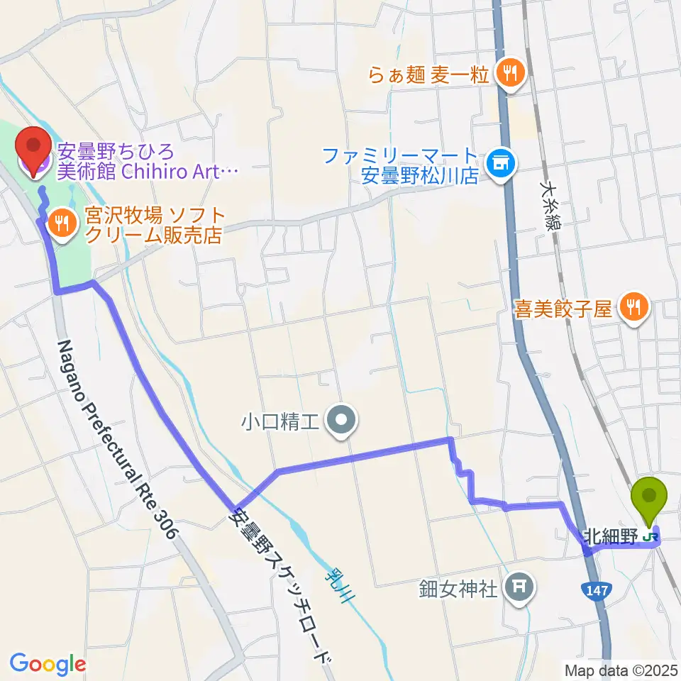 北細野駅から安曇野ちひろ美術館へのルートマップ地図