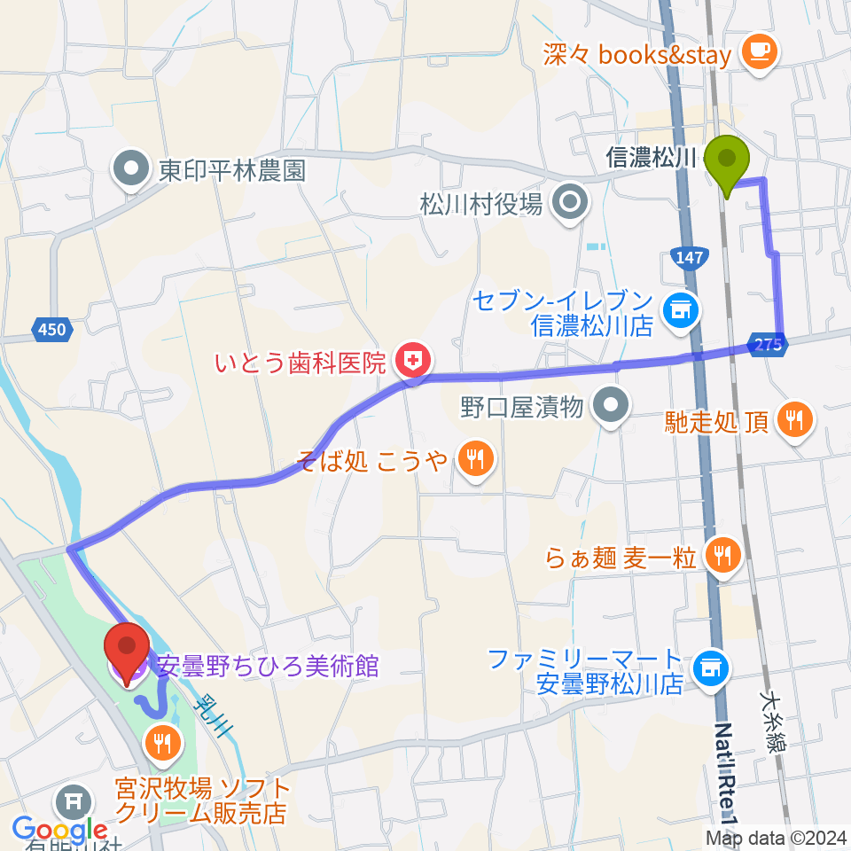 安曇野ちひろ美術館の最寄駅信濃松川駅からの徒歩ルート（約28分）地図