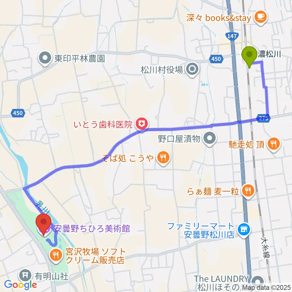 安曇野ちひろ美術館の最寄駅信濃松川駅からの徒歩ルート（約28分）地図