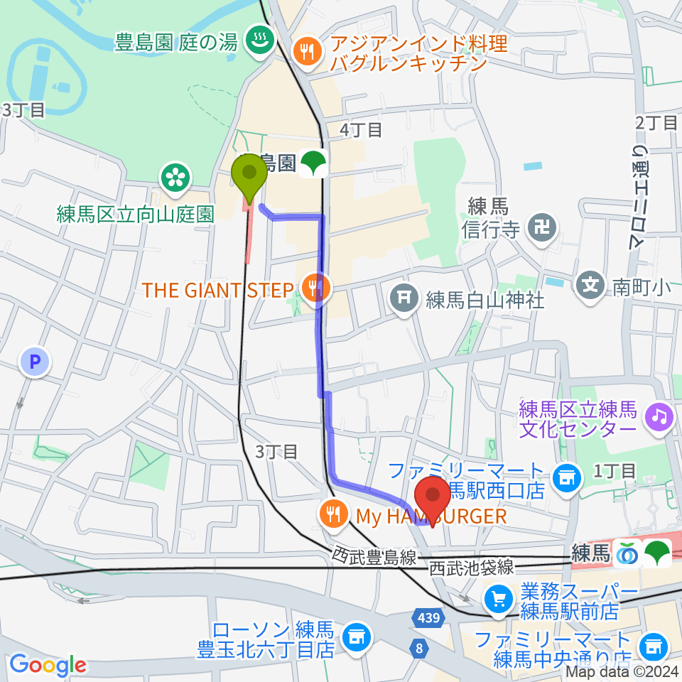 豊島園駅からスタジオクレフへのルートマップ地図