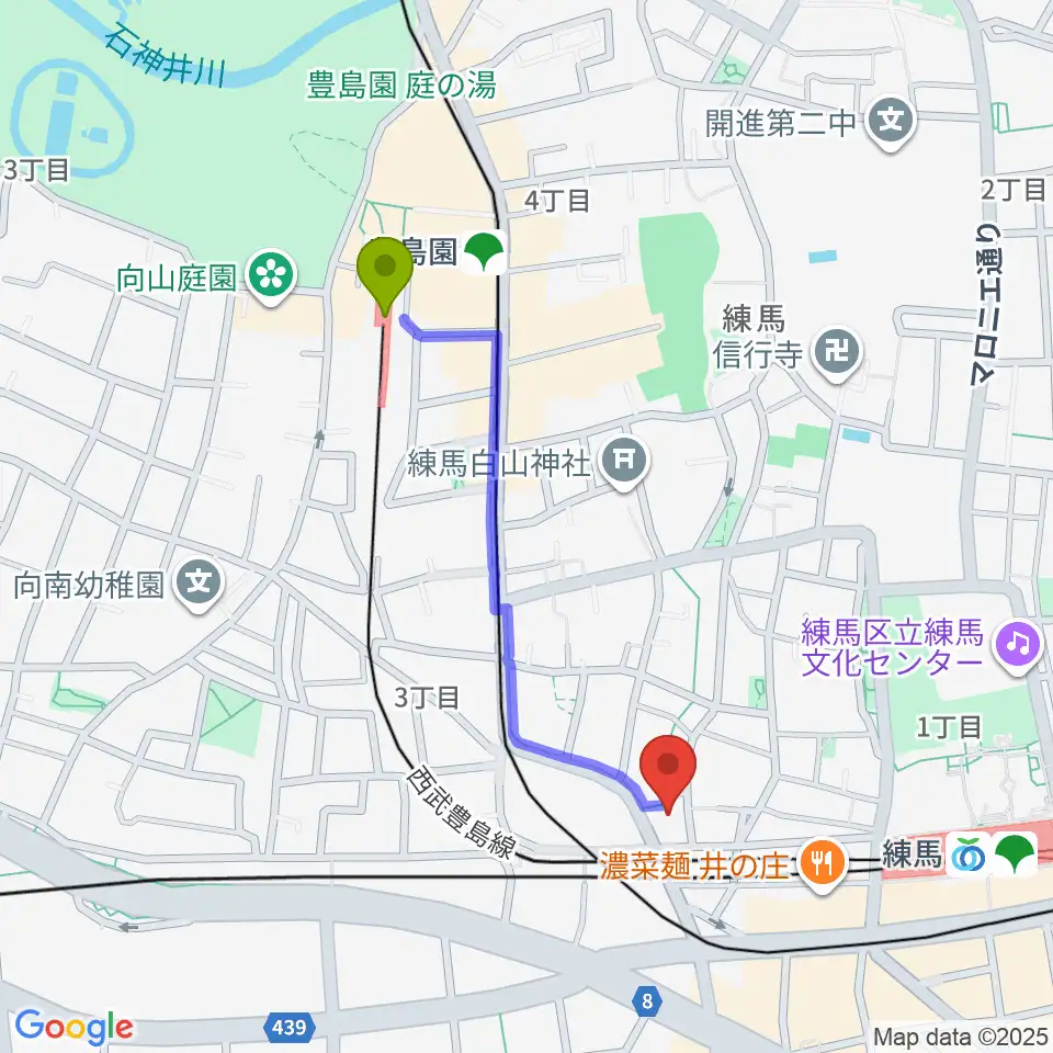 豊島園駅からスタジオクレフへのルートマップ地図