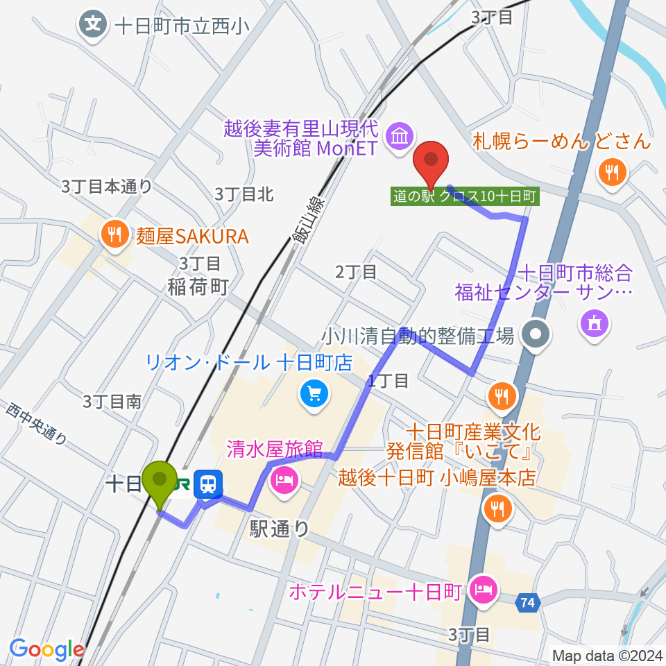 越後妻有里山現代美術館MonETの最寄駅十日町駅からの徒歩ルート（約10分）地図