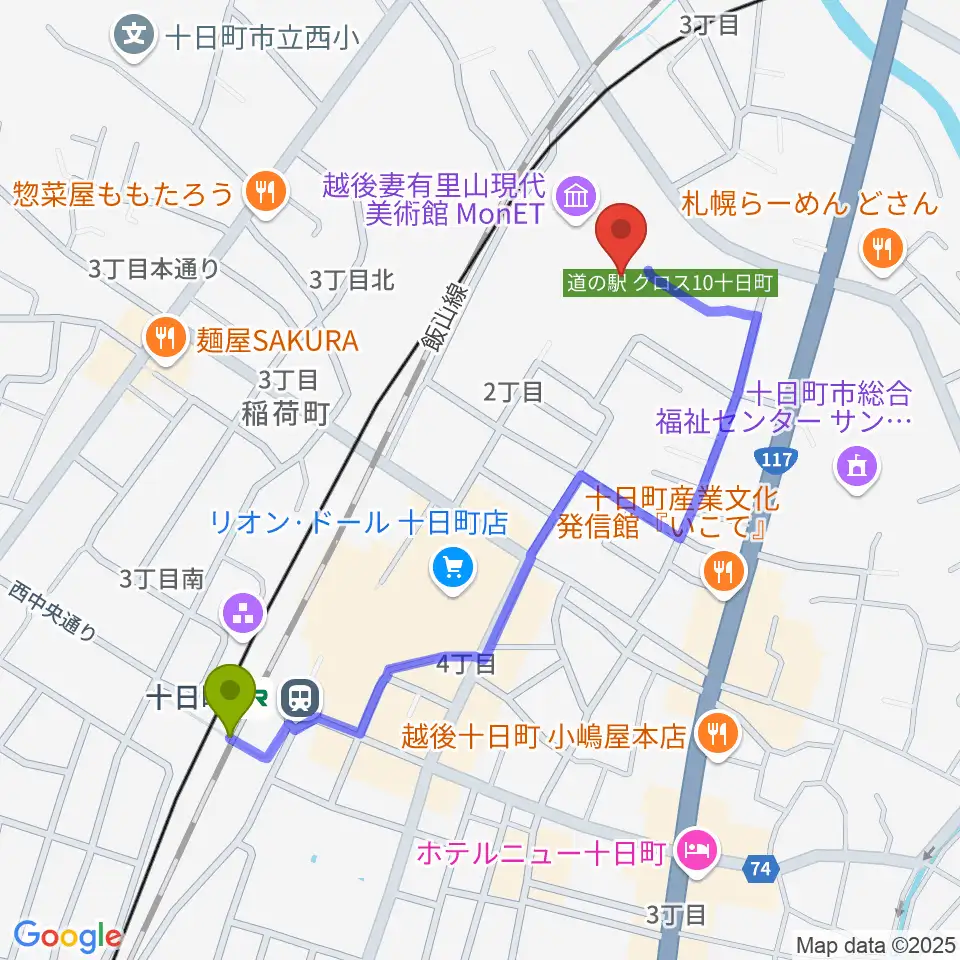 越後妻有里山現代美術館MonETの最寄駅十日町駅からの徒歩ルート（約10分）地図