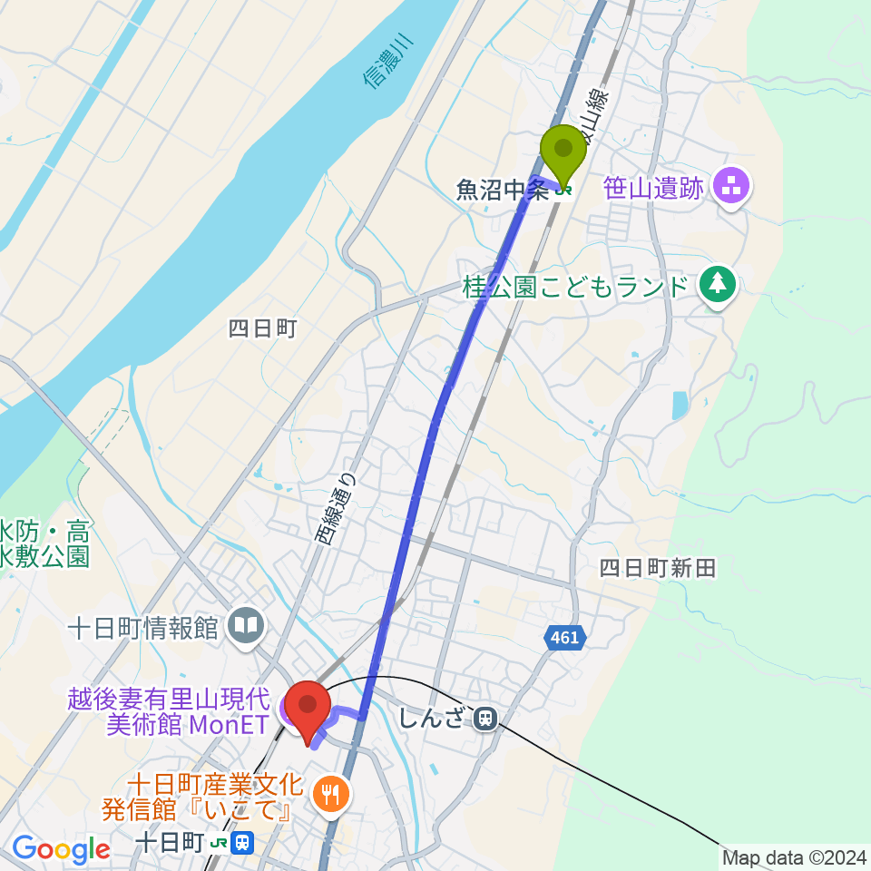 魚沼中条駅から越後妻有里山現代美術館MonETへのルートマップ地図