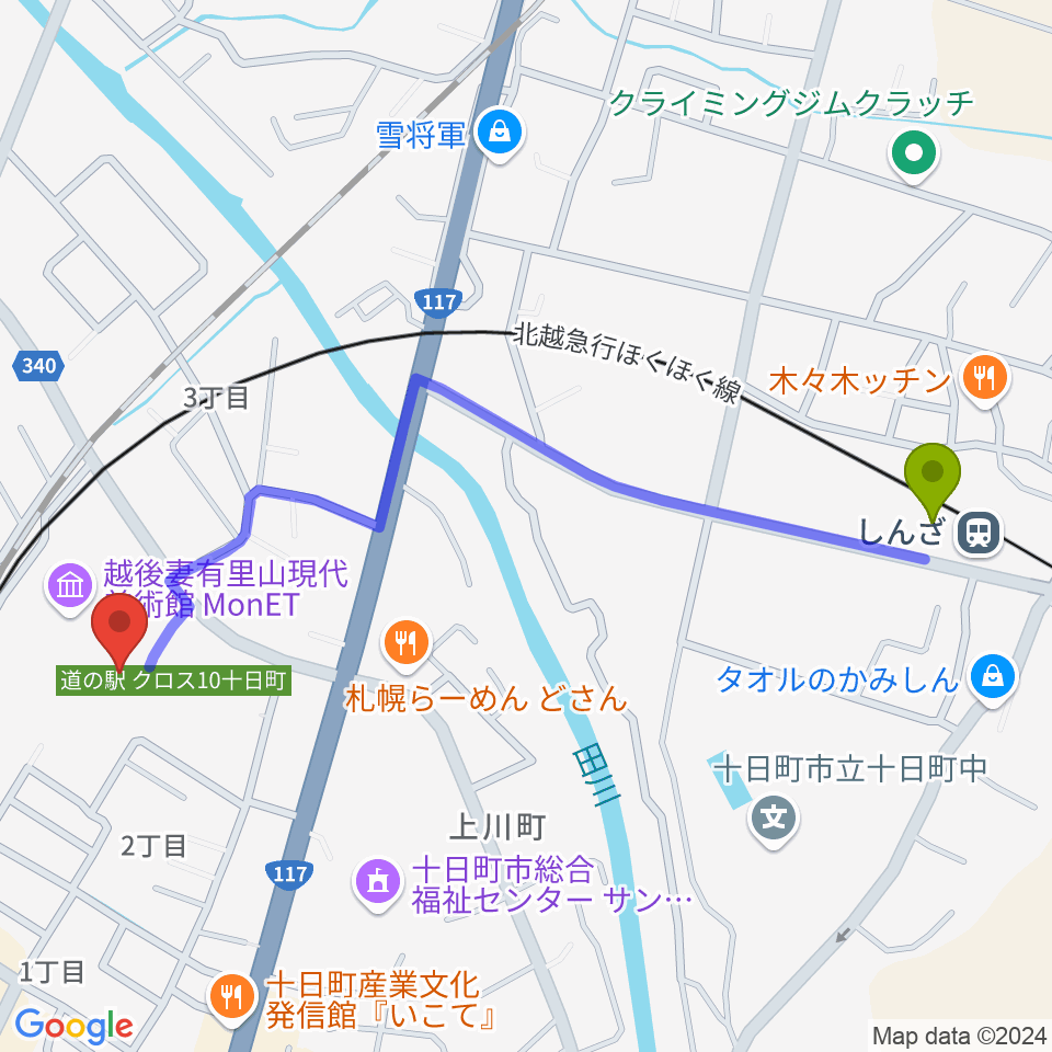 しんざ駅から越後妻有里山現代美術館MonETへのルートマップ地図