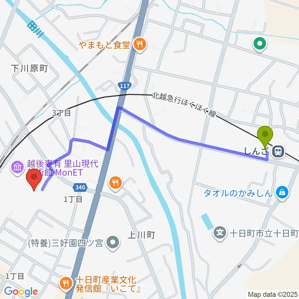 しんざ駅から越後妻有里山現代美術館MonETへのルートマップ地図