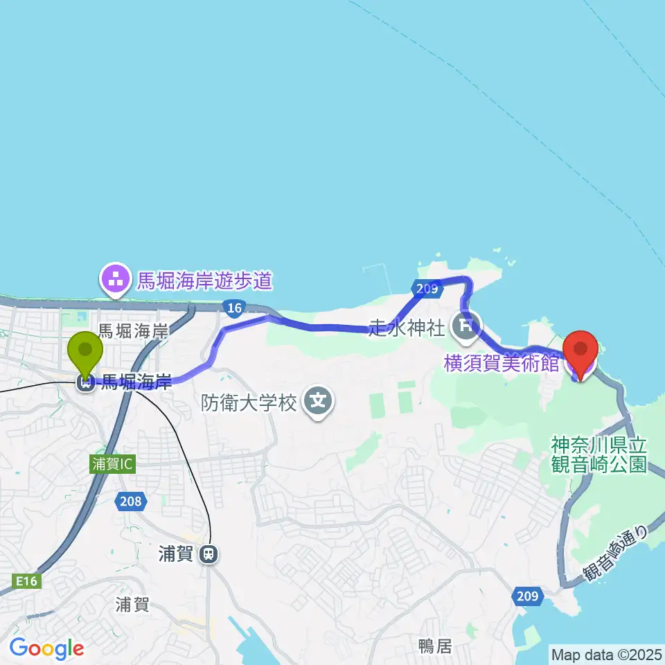 馬堀海岸駅から横須賀美術館へのルートマップ地図