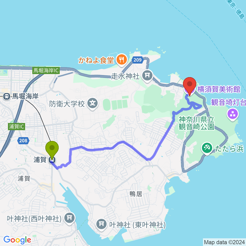 横須賀美術館の最寄駅浦賀駅からの徒歩ルート（約38分）地図