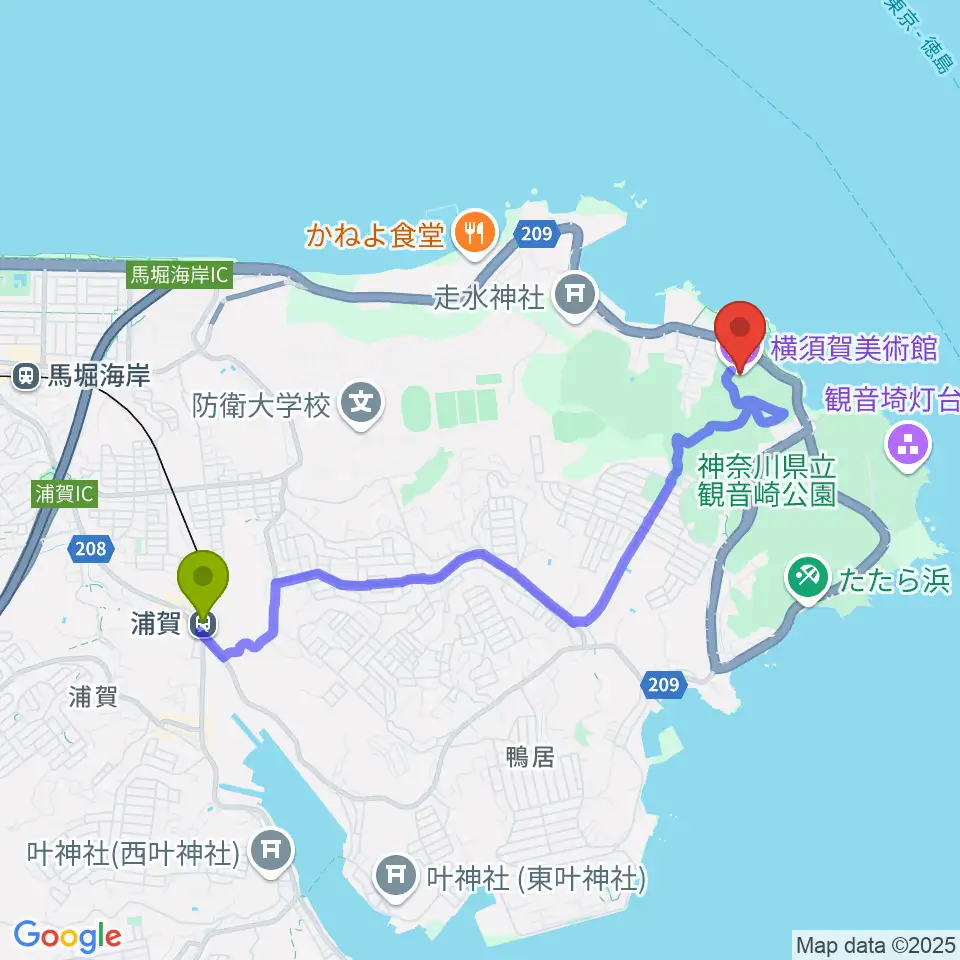 横須賀美術館の最寄駅浦賀駅からの徒歩ルート（約38分）地図