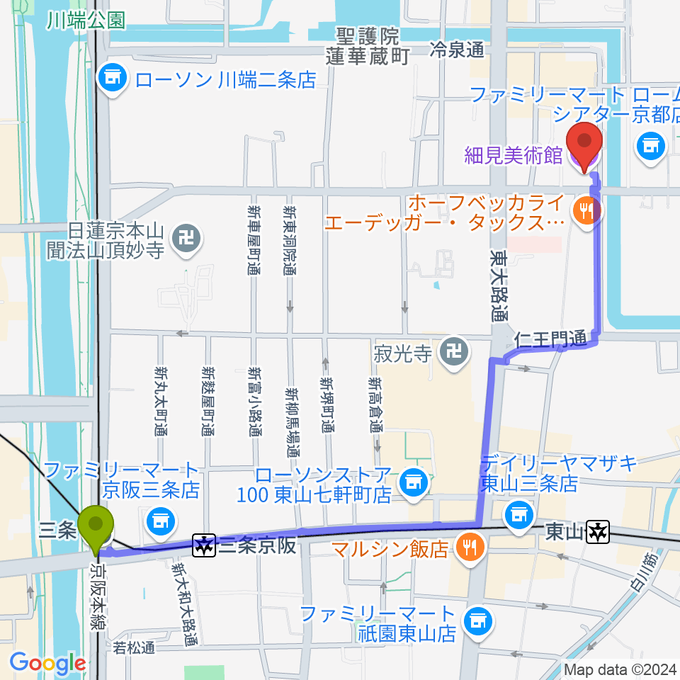 三条駅から細見美術館へのルートマップ地図