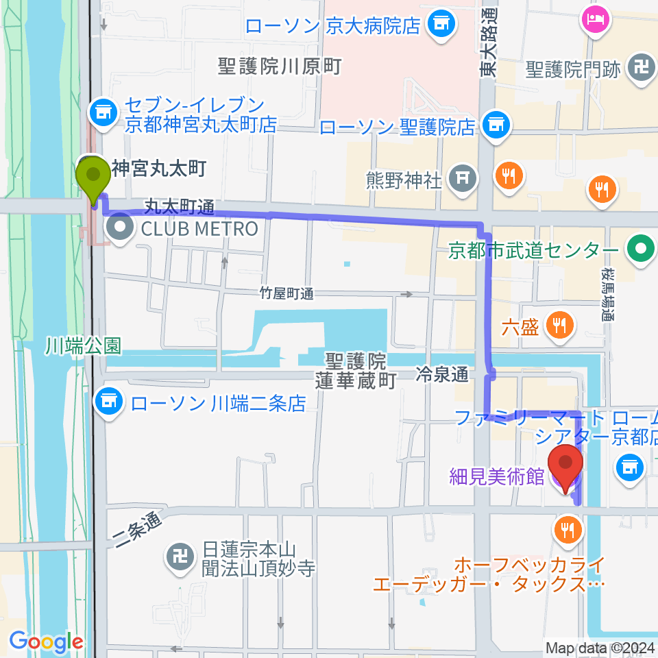 神宮丸太町駅から細見美術館へのルートマップ地図