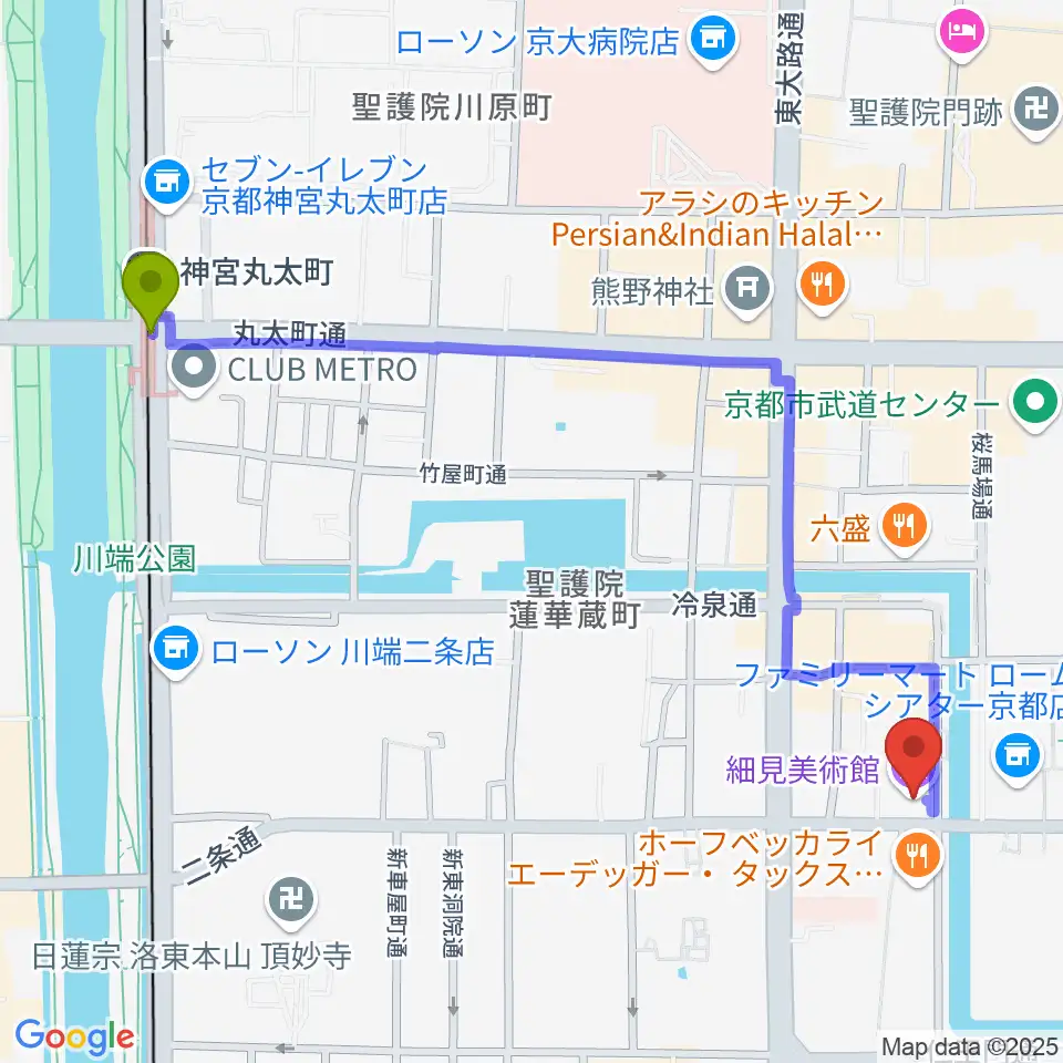 神宮丸太町駅から細見美術館へのルートマップ地図