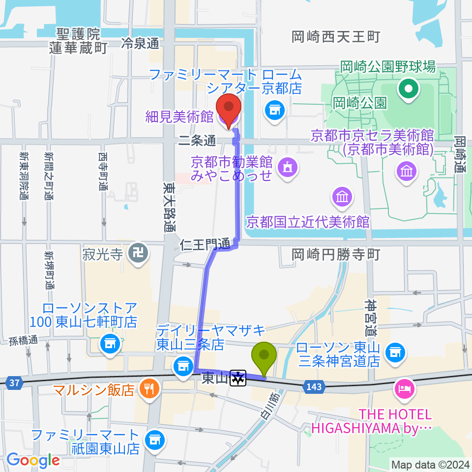 細見美術館の最寄駅東山駅からの徒歩ルート（約8分）地図