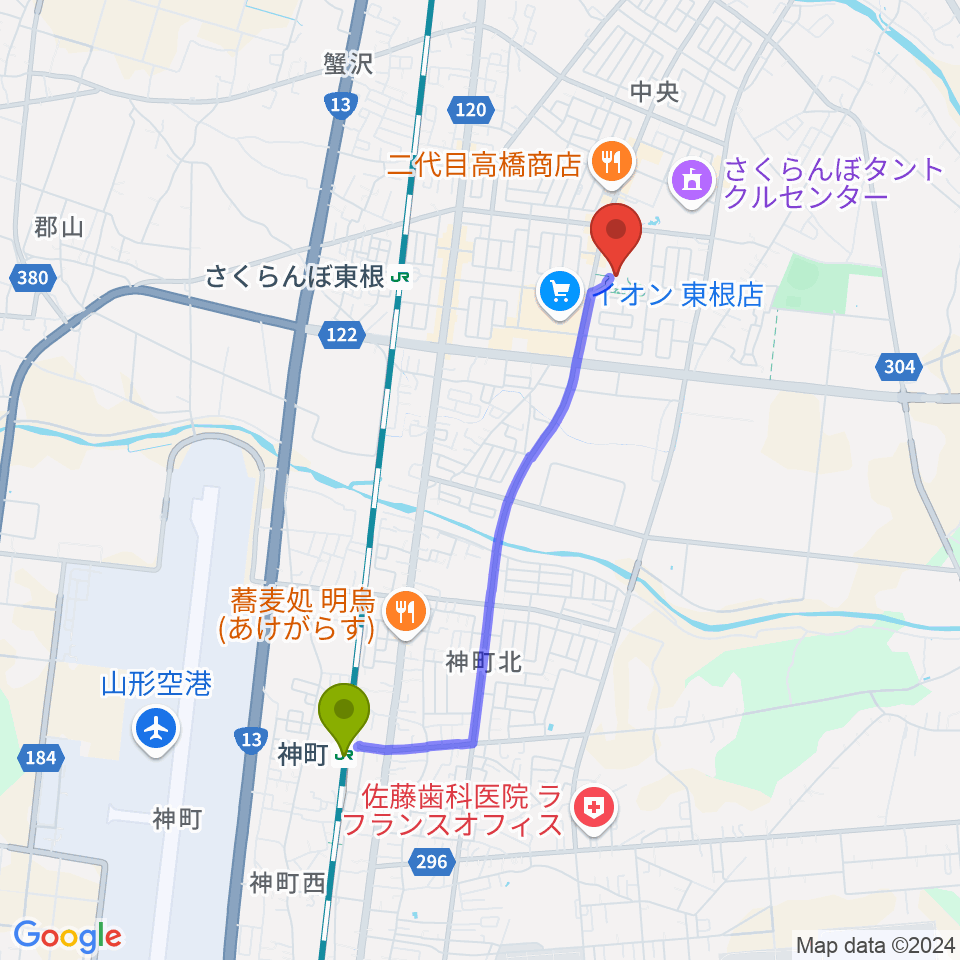 神町駅から東根市美術館 まなびあテラスへのルートマップ地図