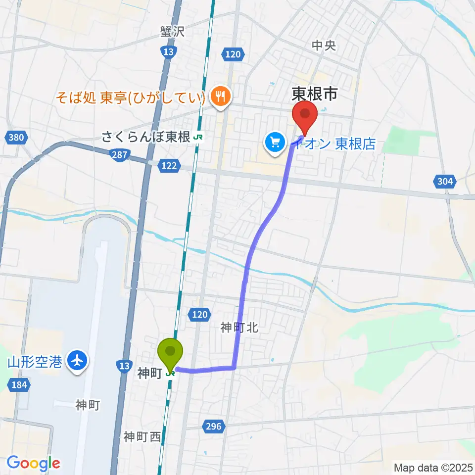 神町駅から東根市美術館 まなびあテラスへのルートマップ地図