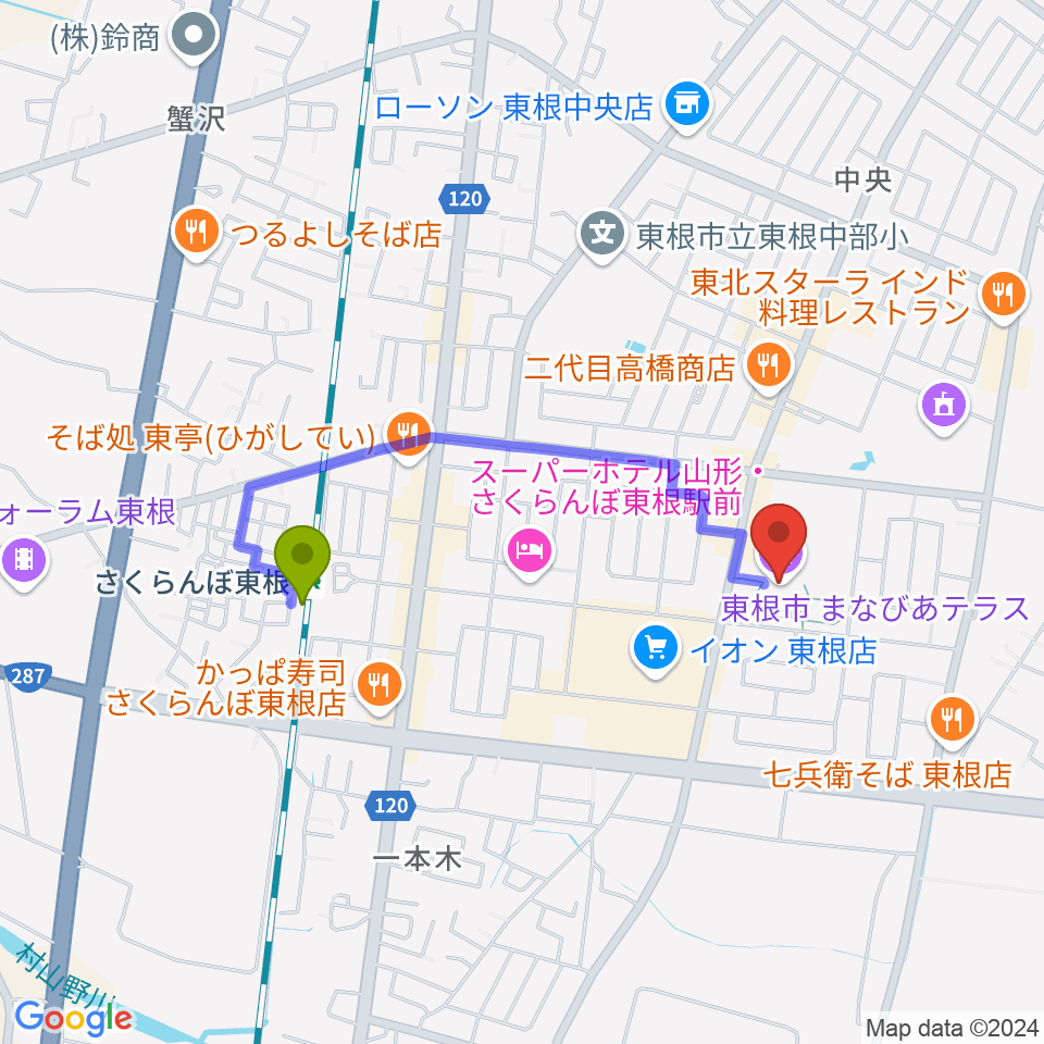 東根市美術館 まなびあテラスの最寄駅さくらんぼ東根駅からの徒歩ルート（約14分）地図