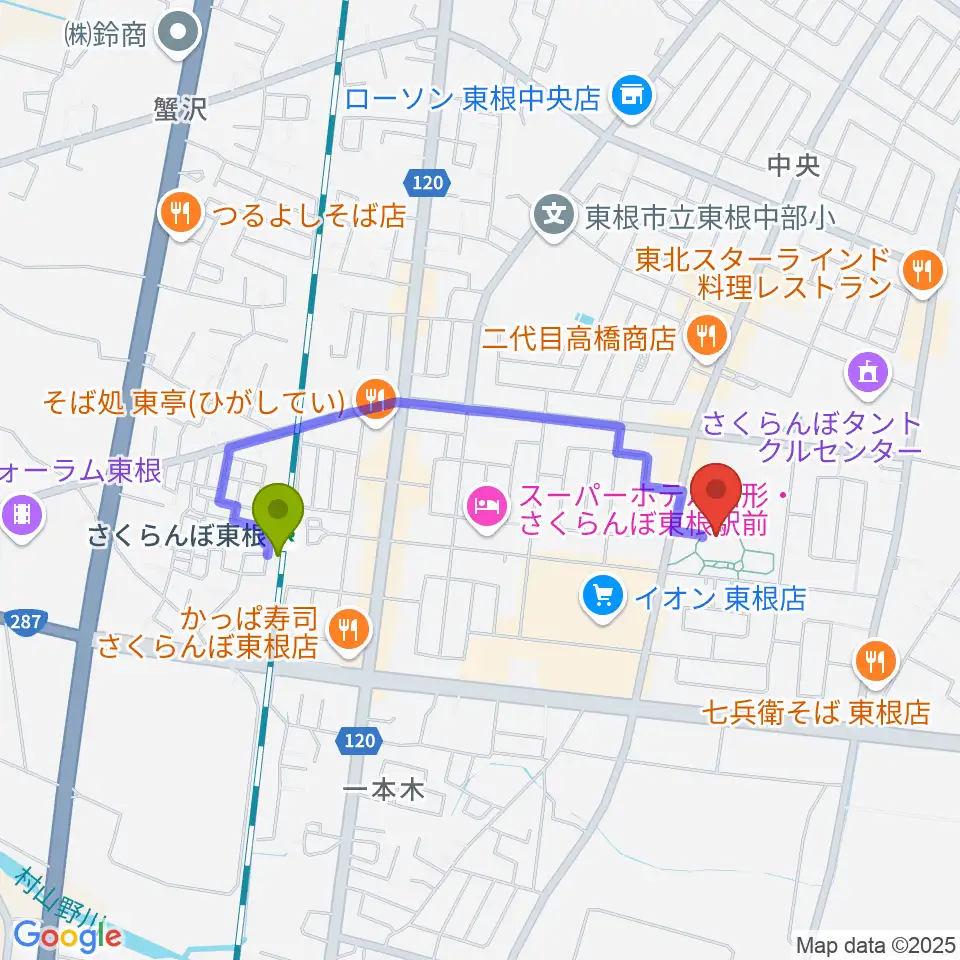 東根市美術館 まなびあテラスの最寄駅さくらんぼ東根駅からの徒歩ルート（約14分）地図