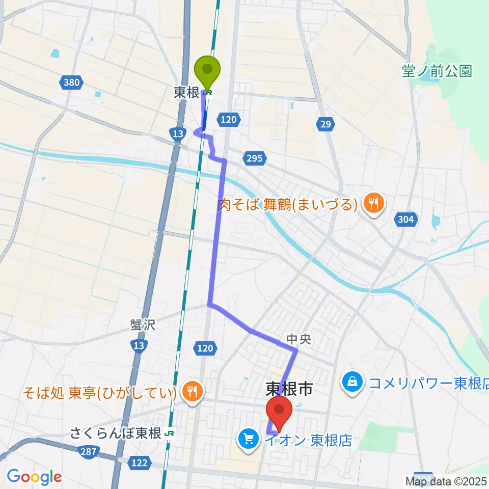 東根駅から東根市美術館 まなびあテラスへのルートマップ地図