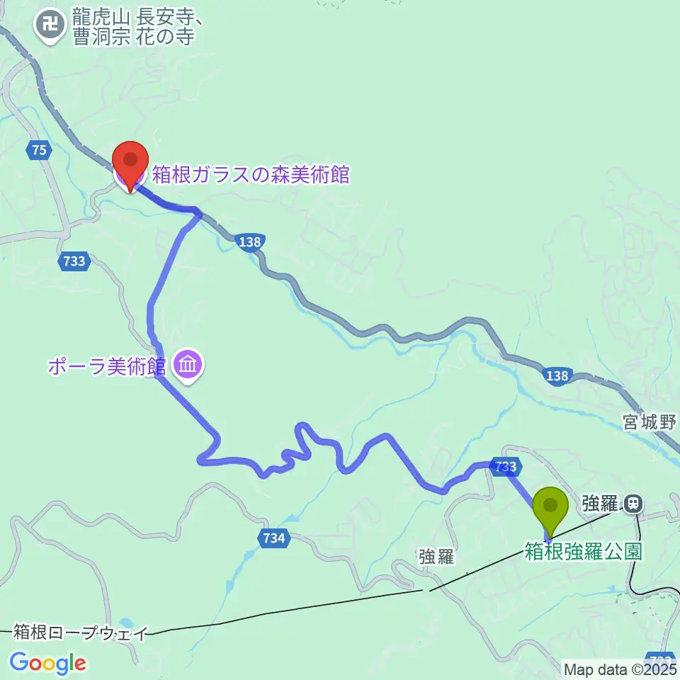 公園上駅から箱根ガラスの森美術館へのルートマップ地図