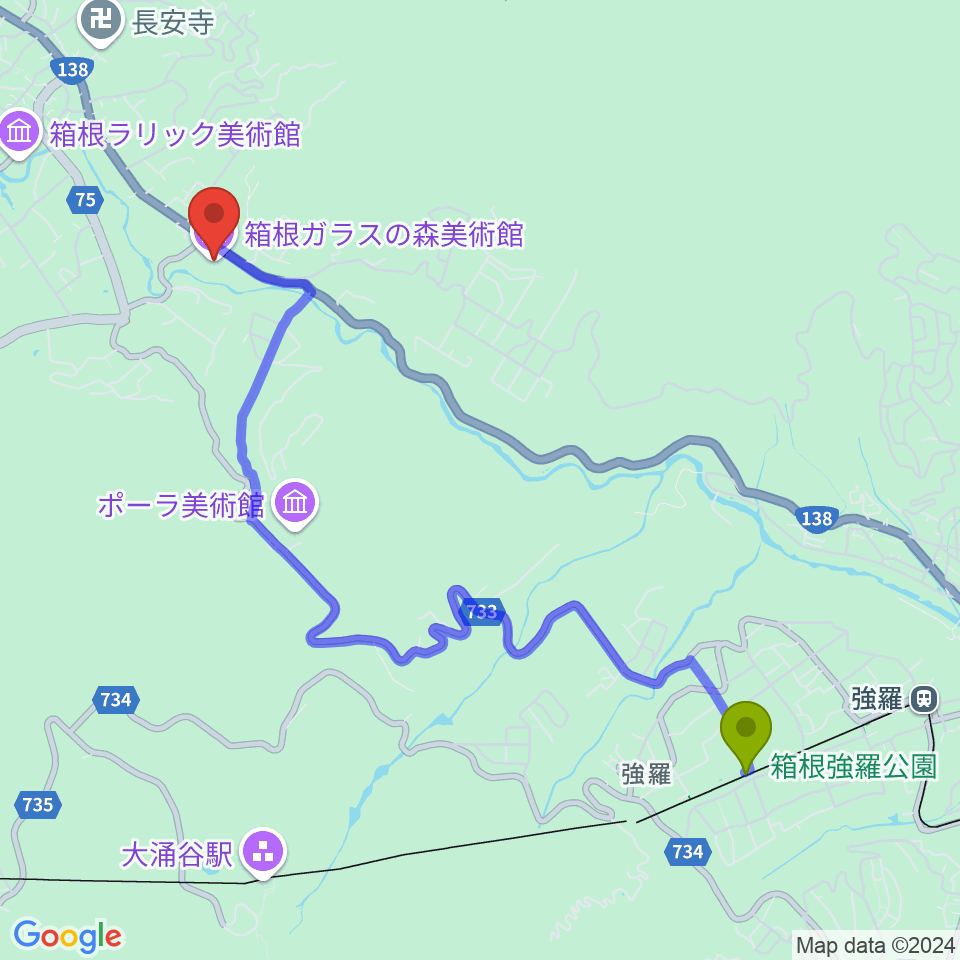 中強羅駅から箱根ガラスの森美術館へのルートマップ地図