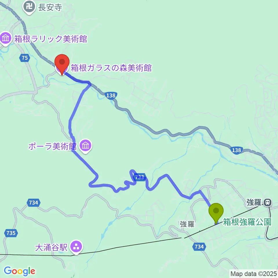 中強羅駅から箱根ガラスの森美術館へのルートマップ地図