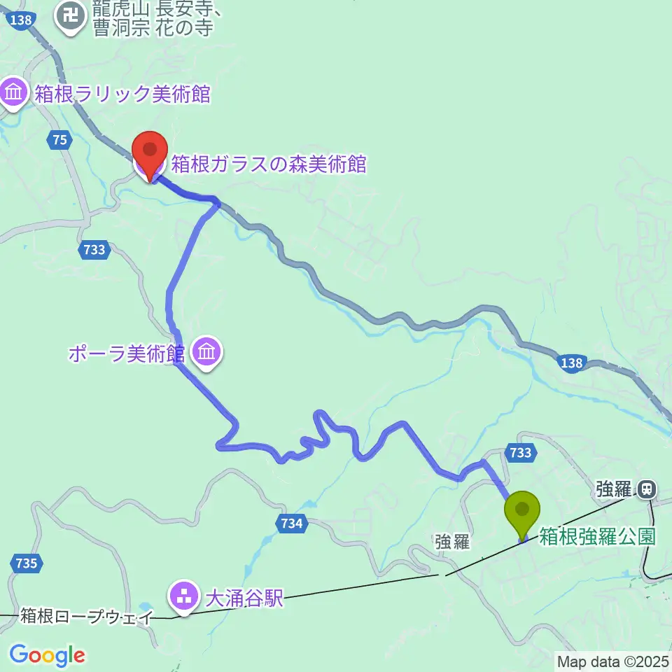 中強羅駅から箱根ガラスの森美術館へのルートマップ地図