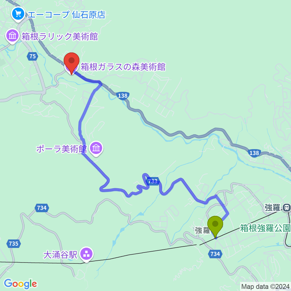 上強羅駅から箱根ガラスの森美術館へのルートマップ地図