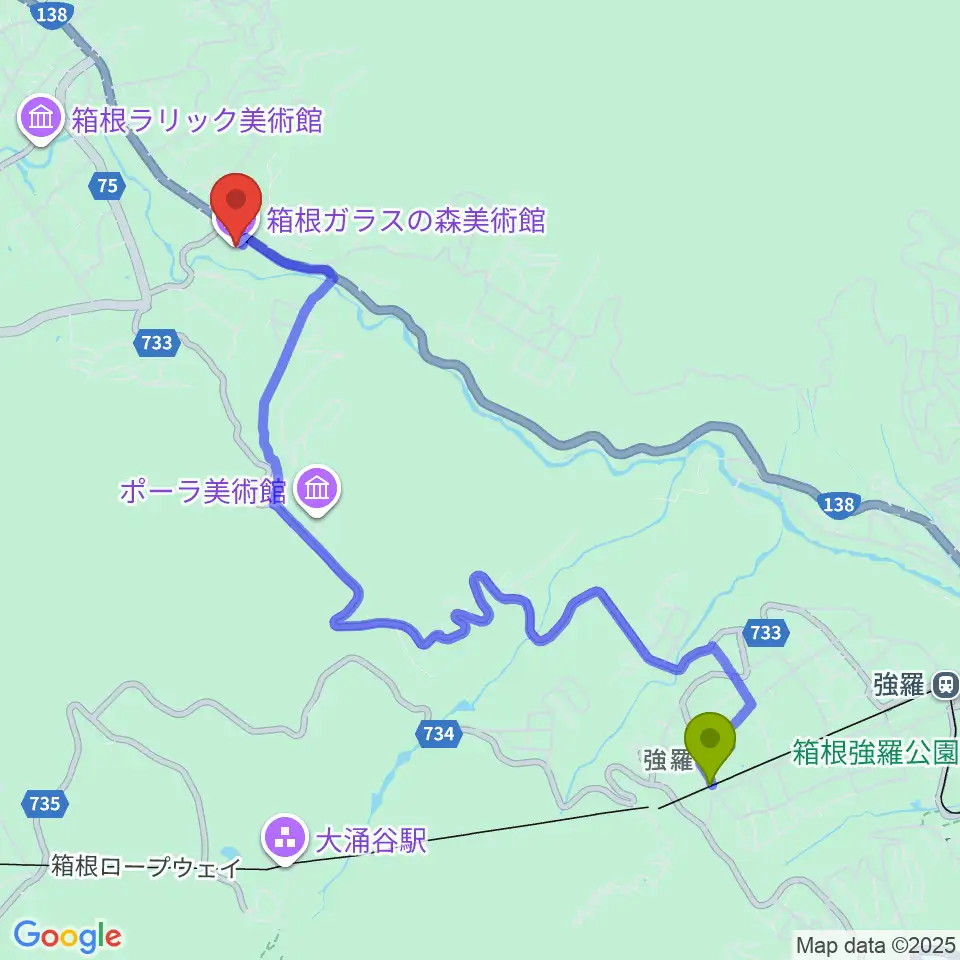上強羅駅から箱根ガラスの森美術館へのルートマップ地図