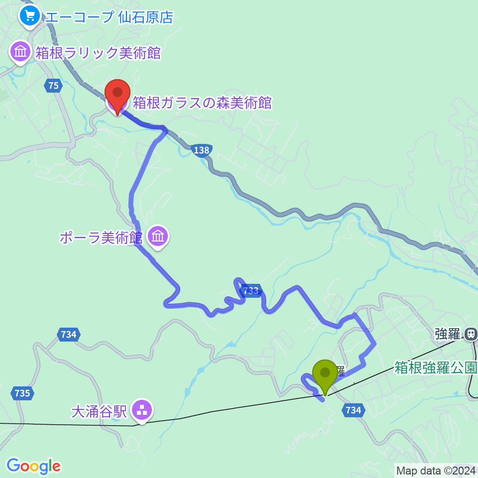 箱根ガラスの森美術館の最寄駅早雲山駅からの徒歩ルート（約46分）地図