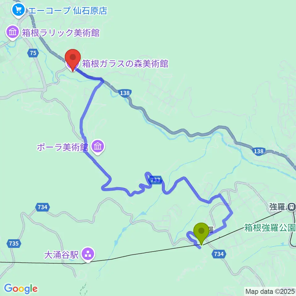 箱根ガラスの森美術館の最寄駅早雲山駅からの徒歩ルート（約46分）地図