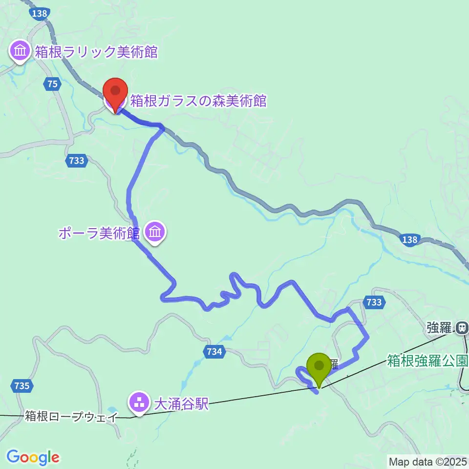 箱根ガラスの森美術館の最寄駅早雲山駅からの徒歩ルート（約46分）地図