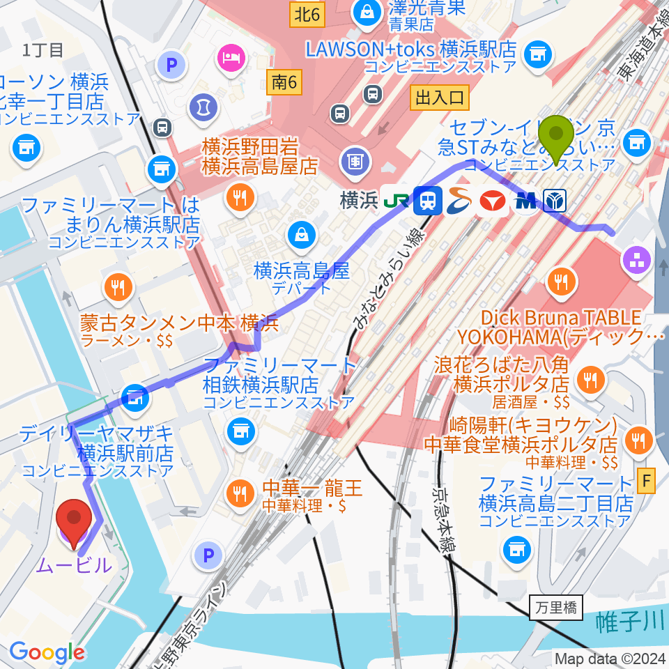 横浜駅からヨコハマミントホールへのルートマップ地図