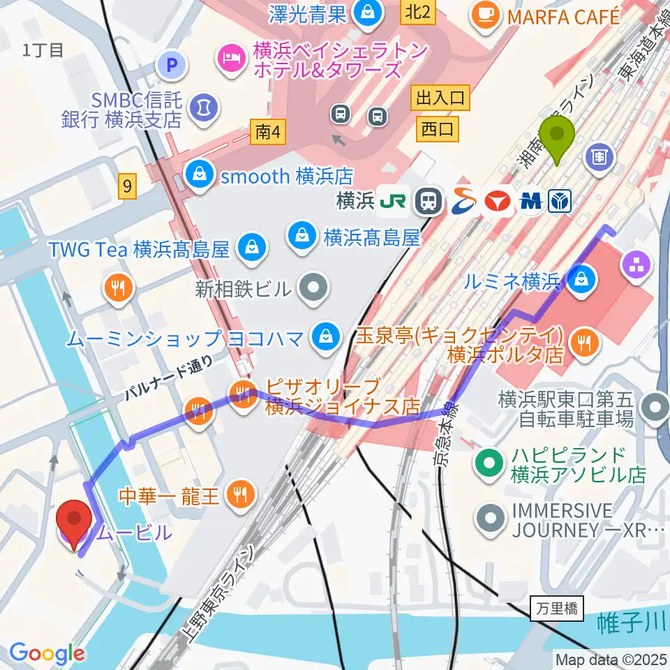 横浜駅からヨコハマミントホールへのルートマップ地図
