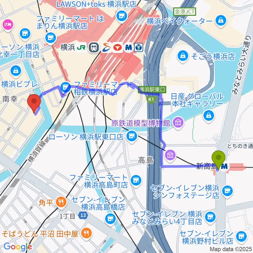 新高島駅からヨコハマミントホールへのルートマップ地図