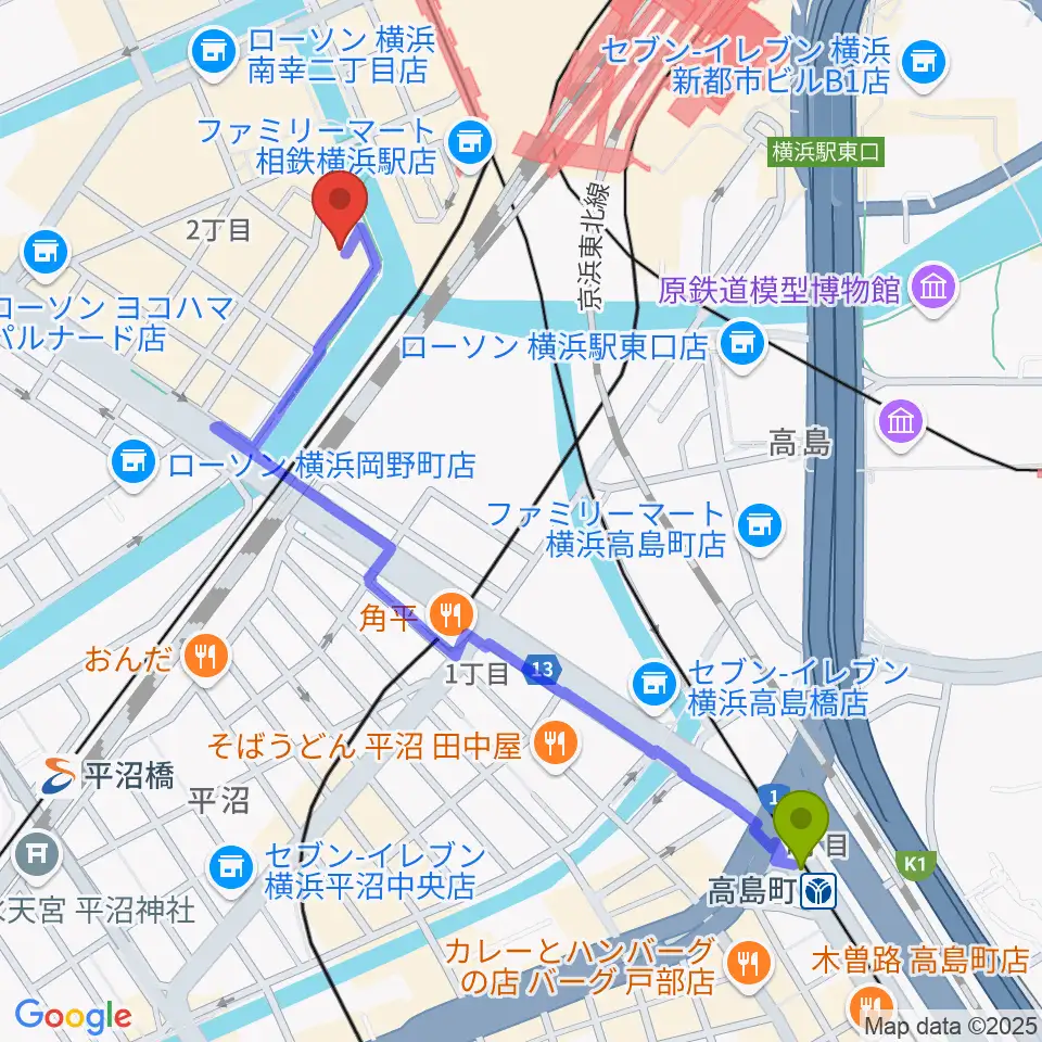 高島町駅からヨコハマミントホールへのルートマップ地図